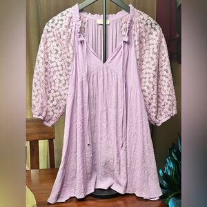 Umgee Lavender Floral Lace Sleeve Women's Top Mini dress S/M